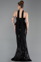 Siyah Straplez Yaka Peplum Uzun Pullu Abiye Elbise ABU6202