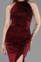 Bordo Halter Yaka Yırtmaçlı Simli Midi Davet Elbisesi ABK2635