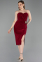 Bordo Straplez Yırtmaçlı Midi Davet Elbisesi ABK2637
