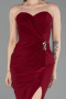 Bordo Straplez Yırtmaçlı Midi Davet Elbisesi ABK2637