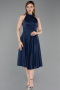 Lacivert Halter Yaka Midi Simli Davet Elbisesi ABK2638