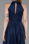 Lacivert Halter Yaka Midi Simli Davet Elbisesi ABK2638