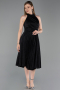 Siyah Halter Yaka Midi Simli Davet Elbisesi ABK2638