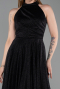 Siyah Halter Yaka Midi Simli Davet Elbisesi ABK2638