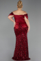Bordo Saten Kayık Yaka Uzun Pullu Büyük Beden Abiye ABU6262
