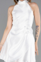 Ekru Halter Yaka Kısa Saten Davet Elbisesi ABK2654