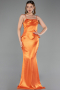 Orange Askılı Peplum Uzun Saten Abiye Elbise ABU6275