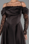 Kahve Dantelli Uzun Kol Midi Saten Büyük Beden Abiye ABK2652