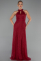 Bordo Halter Yaka Uzun Dantel Abiye Elbise ABU6313