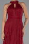 Bordo Halter Yaka Uzun Dantel Abiye Elbise ABU6313