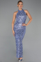 İndigo Halter Yaka Midi Pul Payet Abiye Elbise ABK2474
