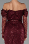 Bordo Güpürlü Uzun Kol Midi Boncuklu Gece Elbisesi ABK2663