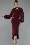 Bordo Straplez Uzun Kol Pelerinli Midi Gece Elbisesi ABK2664