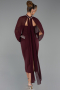 Bordo Straplez Uzun Kol Pelerinli Midi Gece Elbisesi ABK2664