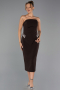 Kahve Straplez Uzun Kol Pelerinli Midi Gece Elbisesi ABK2664
