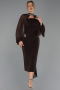 Kahve Straplez Uzun Kol Pelerinli Midi Gece Elbisesi ABK2664