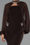 Kahve Straplez Uzun Kol Pelerinli Midi Gece Elbisesi ABK2664