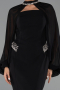 Siyah Straplez Uzun Kol Pelerinli Midi Gece Elbisesi ABK2664