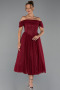 Bordo Kayık Yaka Balenli Midi Simli Davet Elbisesi ABK2665