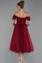 Bordo Kayık Yaka Balenli Midi Simli Davet Elbisesi ABK2665