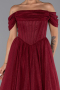 Bordo Kayık Yaka Balenli Midi Simli Davet Elbisesi ABK2665