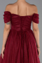 Bordo Kayık Yaka Balenli Midi Simli Davet Elbisesi ABK2665