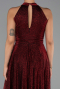 Bordo Halter Yaka Midi Simli Davet Elbisesi ABK2638