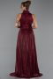 Bordo Halter Yaka Pliseli Uzun Şifon Abiye Elbise ABU6352
