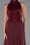 Bordo Halter Yaka Pliseli Uzun Şifon Abiye Elbise ABU6352