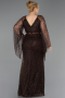 Kahve Uzun Kol V Yaka Boncuklu Büyük Beden Abiye ABU6350