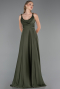 Haki Zincir Askılı Göğüs Drapeli Uzun Saten Abiye ABU5146