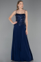 Lacivert Üstü Boncuklu Uzun Şal Aksesuarlı Şifon Abiye ABU5931