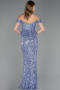 İndigo Kayık Yaka Peplum Kesim Uzun Pullu Abiye ABU6359