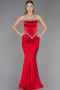 Kırmızı Taşlı Straplez Peplum Kesim Uzun Saten Balık Abiye ABU5644