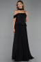 Siyah Taşlı Kayık Yaka Şallı Uzun Şifon Abiye Elbise ABU6390