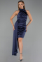 Lacivert Halter Yaka Kısa Saten Gece Elbisesi ABK2674