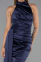 Lacivert Halter Yaka Kısa Saten Gece Elbisesi ABK2674