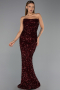 Bordo Drapeli Straplez Yaka Uzun Pullu Abiye Elbise ABU6439