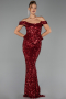 Bordo Kayık Yaka Peplum Kesim Uzun Pullu Abiye ABU6359