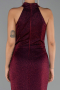 Bordo Halter Yaka Yırtmaçlı Uzun Simli Abiye Elbise ABU6083