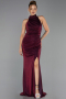Bordo Halter Yaka Yırtmaçlı Uzun Simli Abiye Elbise ABU6083