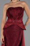 Bordo Straplez Peplum Kesim Kuyruklu Uzun Dantel Abiye ABU5615