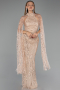 Gold Halter Yaka Pelerin Detay Uzun Boncuklu Abiye ABU6154