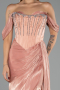 Somon Düşük Omuz Taşlı Korse Yırtmaçlı Uzun Şifon Abiye ABU6496