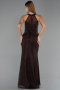 Kahve Halter Yaka Peplum Uzun Dantel Abiye Elbise ABU6425