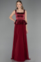 Bordo Saten Kare Yaka Peplum Uzun Şifon Abiye Elbise ABU6568