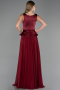 Bordo Saten Kare Yaka Peplum Uzun Şifon Abiye Elbise ABU6568