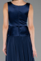 Lacivert Saten Kare Yaka Peplum Uzun Şifon Abiye Elbise ABU6568