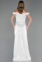 Ekru Balenli Kayık Yaka Uzun Saten Abiye Elbise ABU6574
