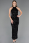 Siyah Halter Yaka Uzun Pullu Dantel Abiye Elbise ABU6578